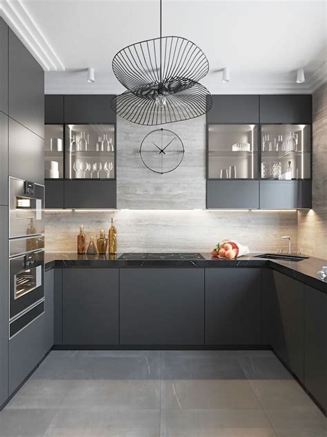 Modern Black And Grey Kitchen With Geometric Pendant Light Double