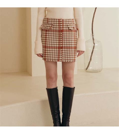 Wool Check Tweed Skirt Beige