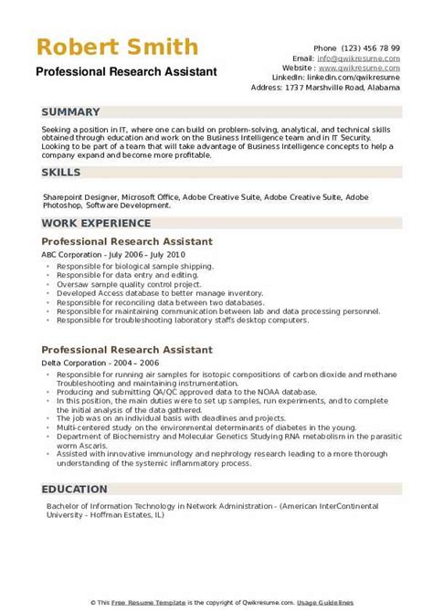 Professional Research Assistant Resume Samples Qwikresume