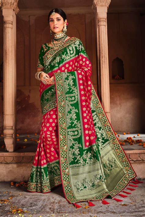 Banarasi Silk Saree For Wedding Red And Green Wedding Saree Etsy