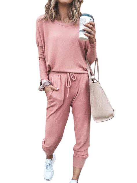 2 piece tracksuit sets for womens sweatsuits solid color pullover t shirt sweatpants jogging