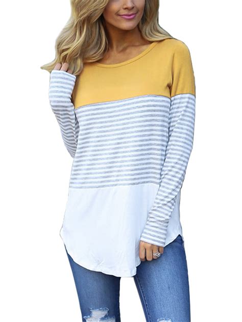 Sayfut Women Long Sleeve Triple Color Striped Round Neck T Shirt Casual Blouse Tee Plus Size