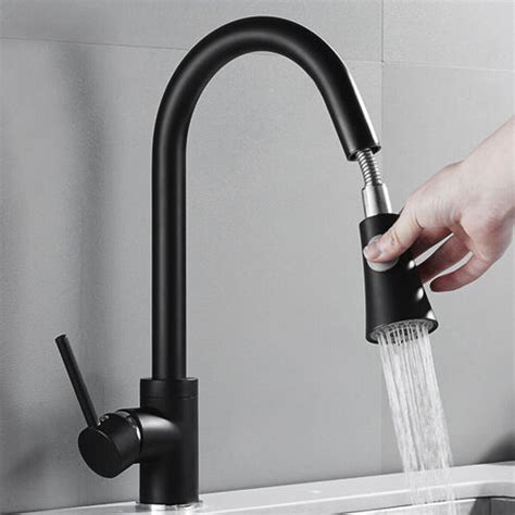 Black Kitchen Sink Taps Pull Out Spray Single Lever Swivel Spout Brass
