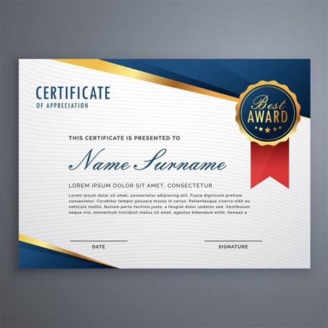 An Award Certificate With A Blue And Gold Stripe Pattern On The Front