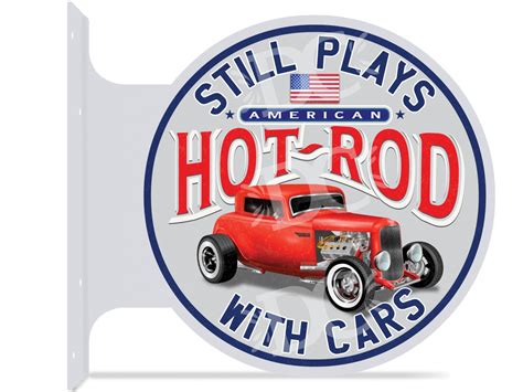 Hot Rod Garage Themed Double Sided Metal Flange Sign Redeye Laserworks