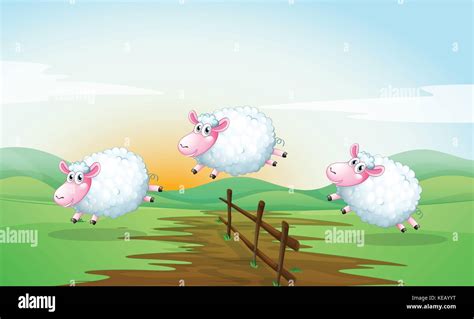 Illustration Of Three Sheeps Jumping Over A Fence Stock Vector Image