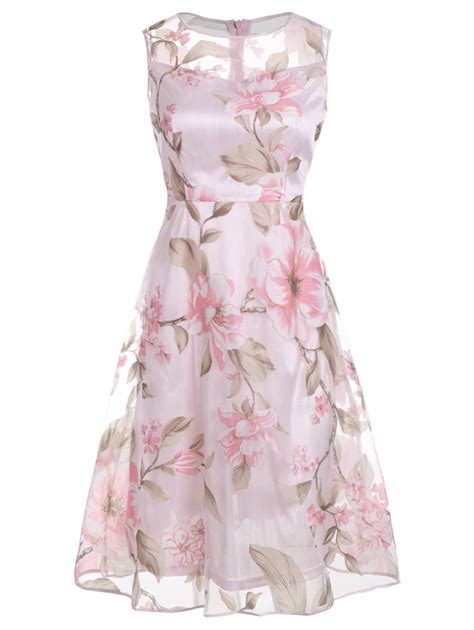 Pink Xl Floral Printed Sleeveless Organza A Line Midi Dress