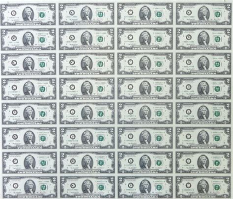 Uncut Full Sheet Two Dollar Bills Federal Reserve 2 Usd