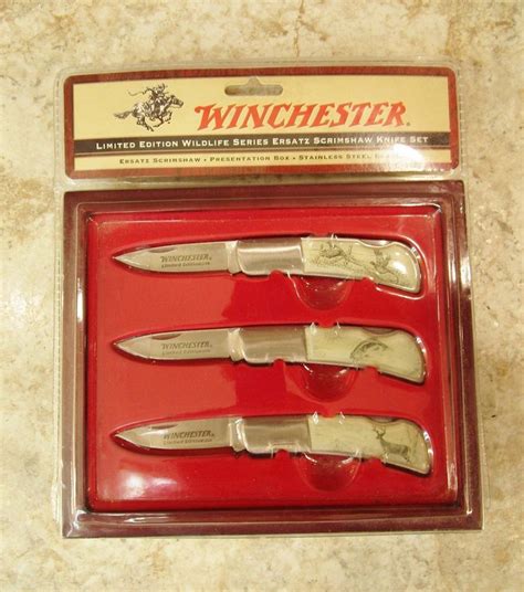 Winchester 2007 limited edition 3 knife set new in wood box 306652408 from thumbs.worthpoint.com set includes 8inch chef knife, 55inch serrated utility. 2006 WINCHESTER LIMITED EDITION WILDLIFE SERIES ERSATZ SCRIMSHAW KNIFE SET NIB | Best hunting ...