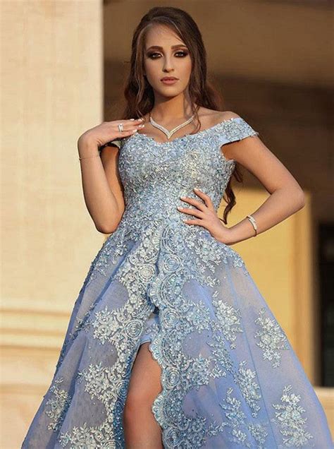 Light Sky Blue Prom Dress A Line Off The Shoulder Tulle Lace Prom Dres