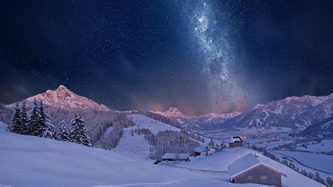 Milky Way Sky Over Winter Village Hd Wallpaper Background Image