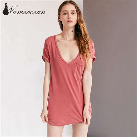 Sexy Deep V Neck Women T Shirts All Matched Solid Color Basic T Shirt One Pocket Front Short