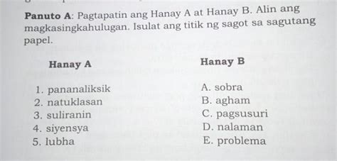 Panuto A Pagtapatin Ang Hanay A At Hanay B Alin Amng