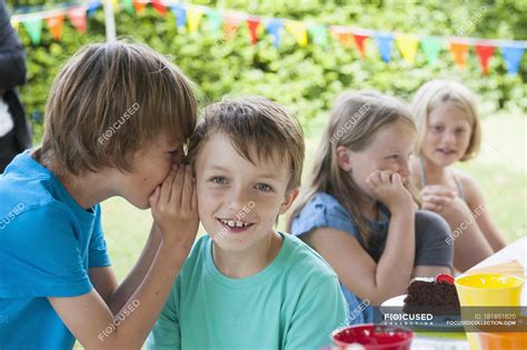 Two boys whispering on a birthday party — fun, together - Stock Photo ...