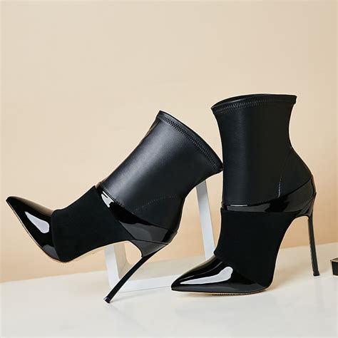 new fashion black patent leather patchwork ladies blade heel ankle boots stretch leather slip on