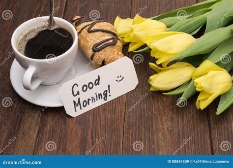 Cup Of Coffee Tulips And Good Morning Massage Stock Image Image Of