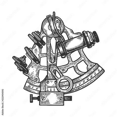 sextant navigation instrument engraving vector illustration scratch board style imitation
