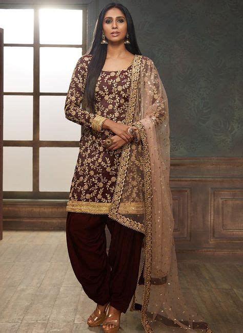 Wine Taffeta Silk Embroidered Punjabi Suit Punjabi Suits Fashion