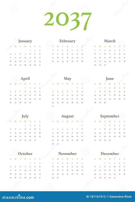 Annual Calendar For 2037 Stock Vector Illustration Of Organizer