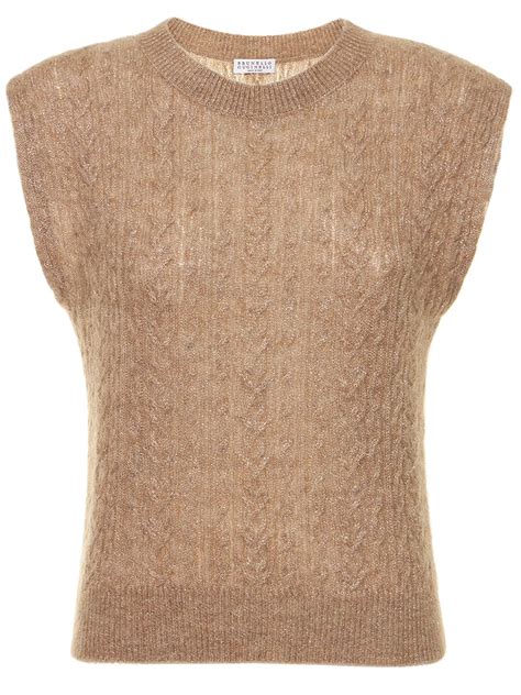 Brunello Cucinelli Cable Knit Lurex And Mohair Blend Vest In Brown Caldo