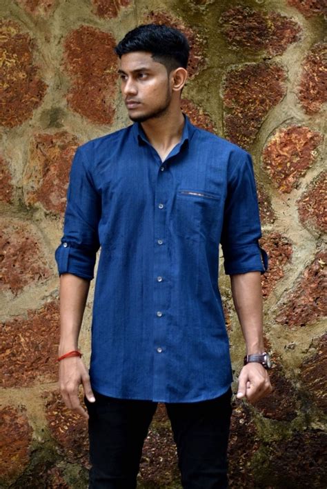 Indigo Cotton Handloom Shirt With Ikat Cut Pocket Mens Long Sleeve