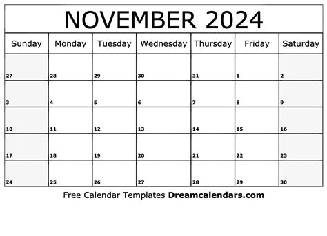 Printable Monthly Calendar November 2024 Printable Word Searches
