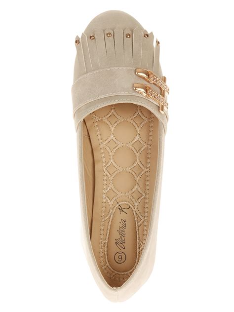 Victoria K Womens Soft Textured Material With Side Buckle Ornament And Fringes Ballerina Flats