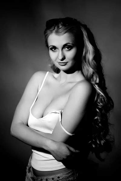 Black And White Portrait Of Sensual Glamour Beautiful Blond Woman Model Lady With Fresh Makeup
