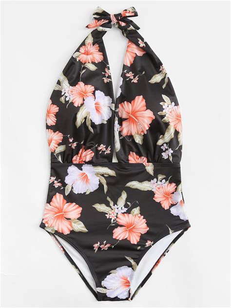 Flower Print Open Back Swimsuit Plunging One Piece Swimsuit