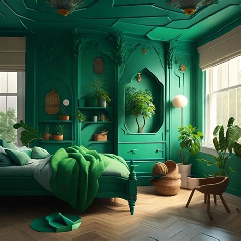 A Bedroom With Green Walls And Flooring Potted Plants On The Windowsill