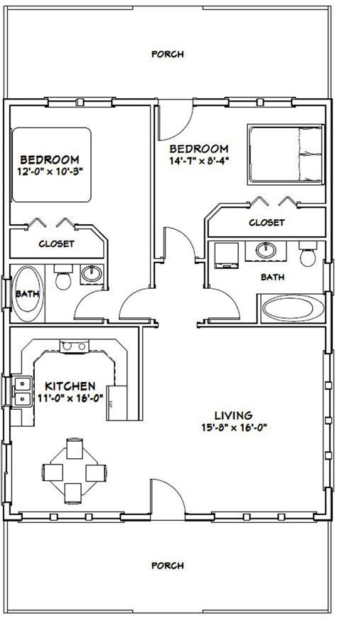 28x36 House 2 Bedroom 2 Bath 1 008 Sq Ft Pdf Floor Plan Instant Download Model 1b Etsy Small