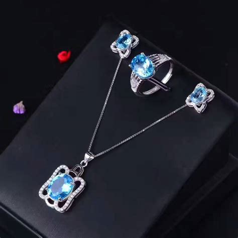 Natural Blue Topaz Gem Jewelry Sets Natural Gemstone Ring Pendant