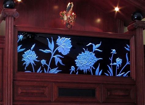 Hand Crafted Illuminated Carved Etched Glass Wall Unit By Permanent Reflections