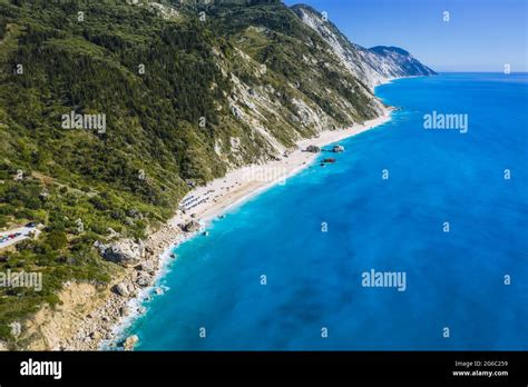 Aerial View Of Kalamitsi Beach With Turquoise Blue Ionian Sea Lefkada