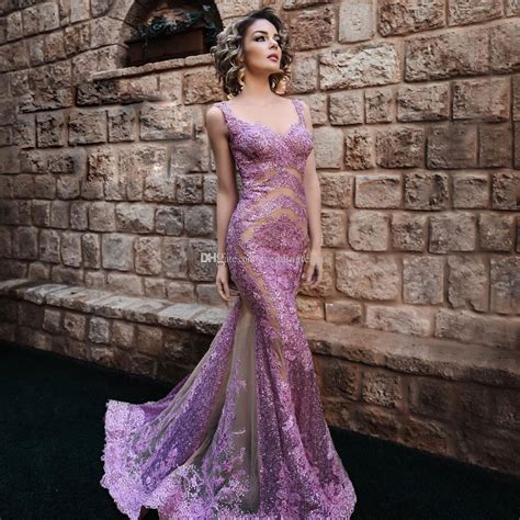 Lavender Beaded Lace Mermaid Prom Dresses V Neck Appliqued Sequined