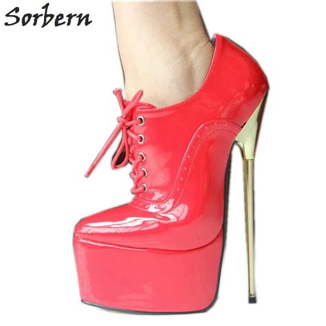 Sorbern Red Patent Leather Lace Up Pumps Women Shoes 22cm High Heel Pointed Toe Thick Platform