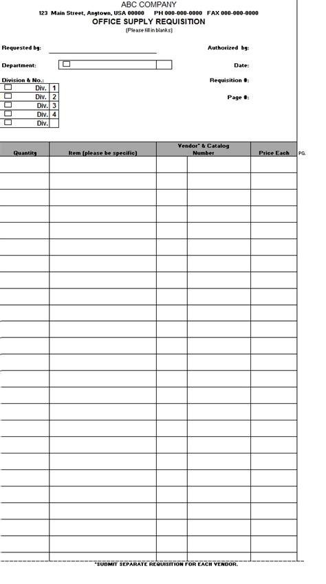 Office Supply Requisition Form Template Sample