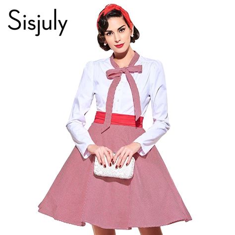sisjuly vintage dress 1950s style spring red patchwork full sleeve bowknot party dress