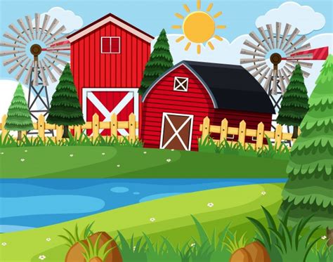 Premium Vector Red Barns On Farm Scene