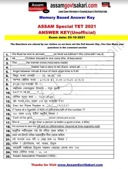 Assam Special TET 2021 Question Paper Special TET Exam Answer Key