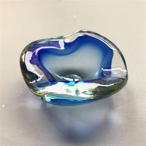 Midcentury Cobalt Blue Biomorphic Blown Murano Art Glass Bowl 1950s