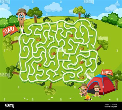Maze Game Template In Camping Theme For Kids Illustration Stock Vector