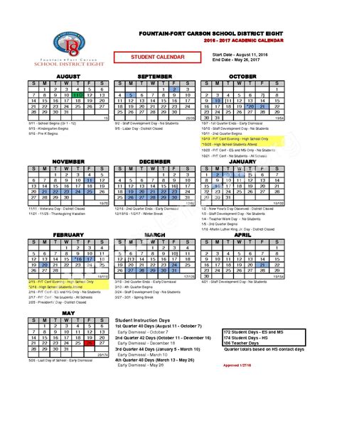 2016 2017 School Calendar Fountain Fort Carson School District 8