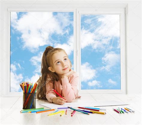 Child Drawing Dreaming Window Creative Girl Thinking Inspiring Kid