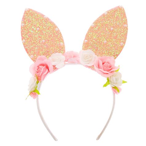 Floral Pearl Bunny Ears Headband Pink Claires Us