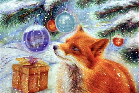 Hd Wallpaper New Year Fox Christmas Tree Snow Present Toys Art Holiday