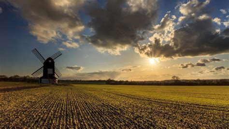 Wallpaper Farmland Fields Windmill Clouds Sunset 1920x1200 Hd