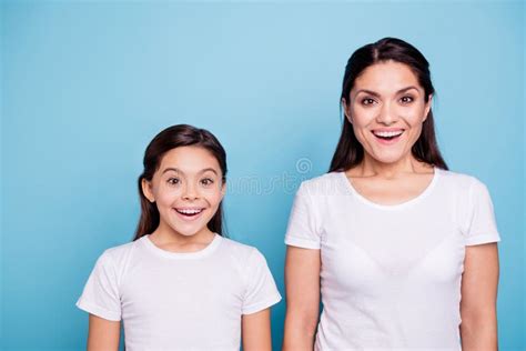 Close Up Photo Pretty Two People Brown Haired Mum Small Little Daughter Eyes Mouth Opened Facial