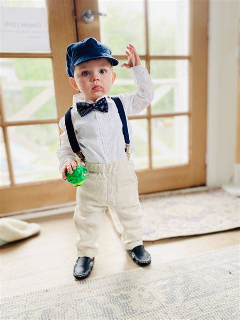 Boys White Linen Shirt Navy Blue Suspenders And Bowtie With Etsy