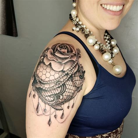 Beautiful Black And Grey Rose With Lace Shoulder Tattoo By Kelsey